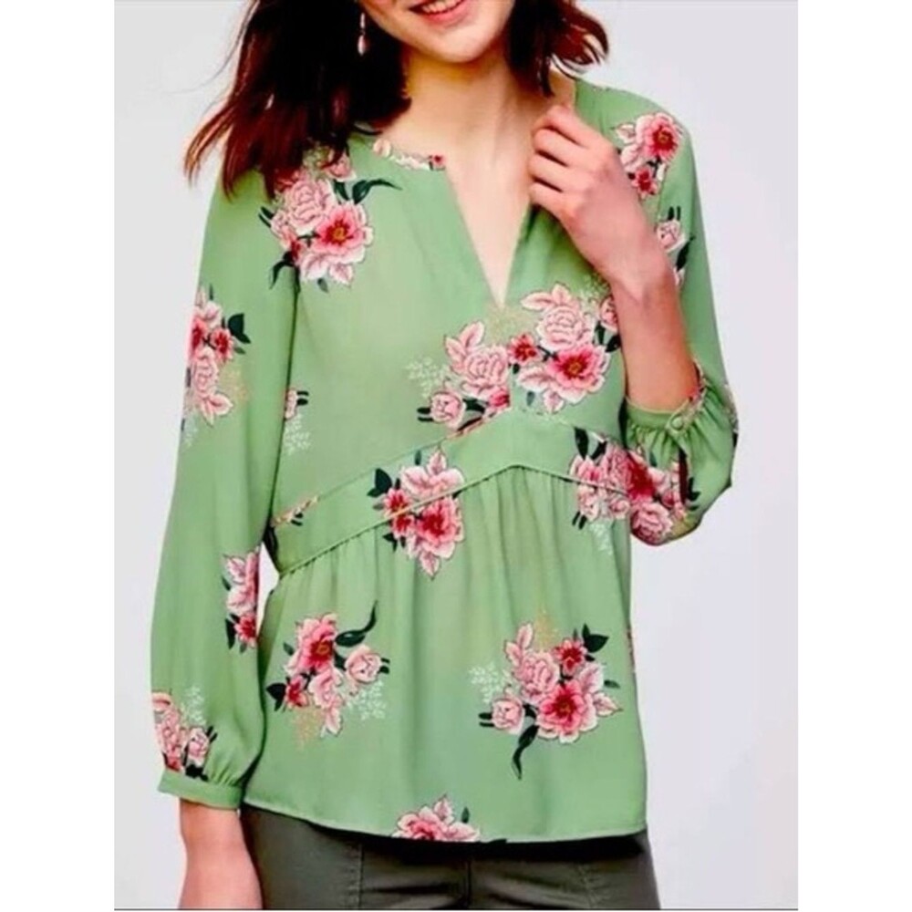 LOFT Green Floral V-Neck Peasant Long Sleeve Blouse Top Semi Sheer M Feminine